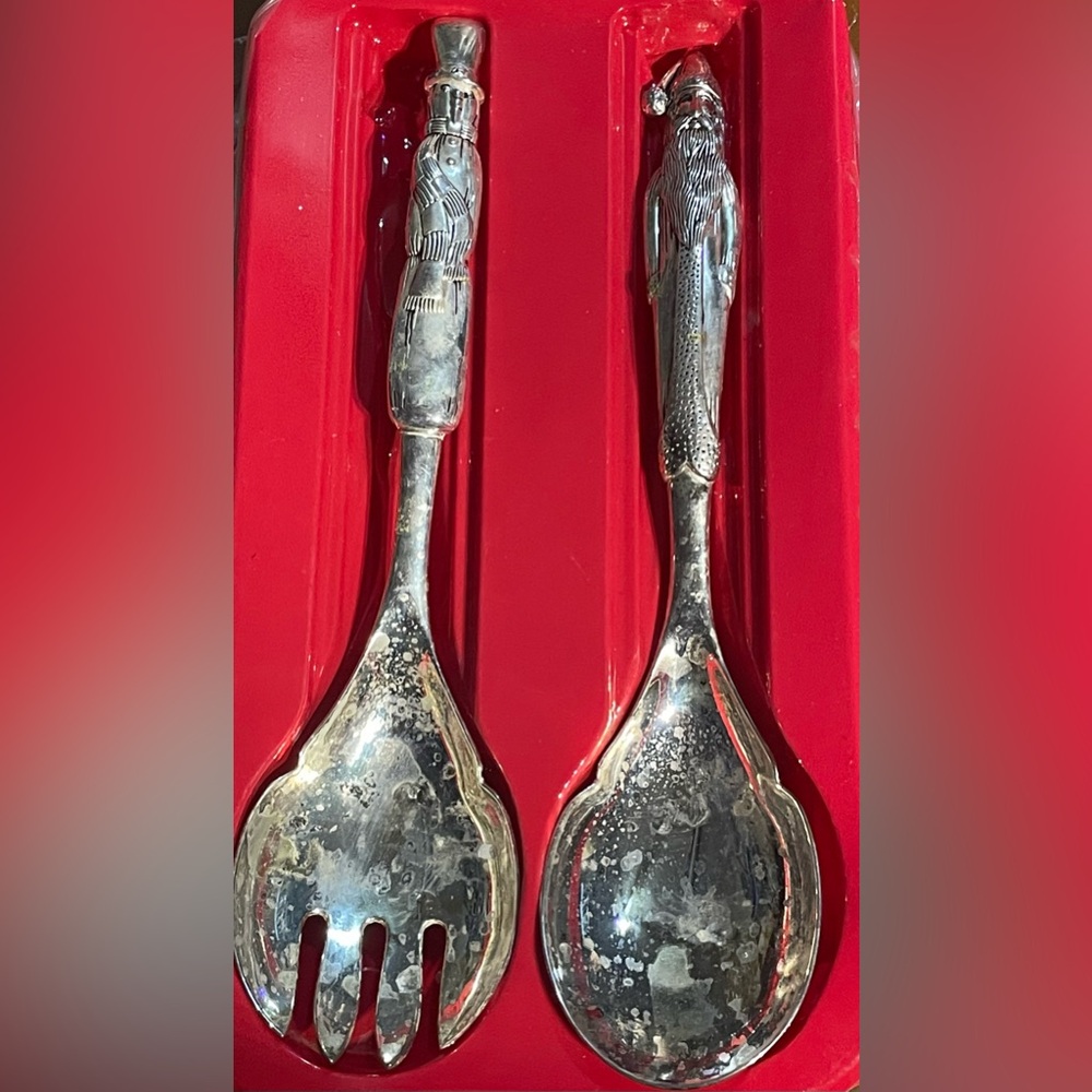 Wallace Silversmiths Silverplate Salad Serving Set Santa Spoon/Snowmanβ Fork